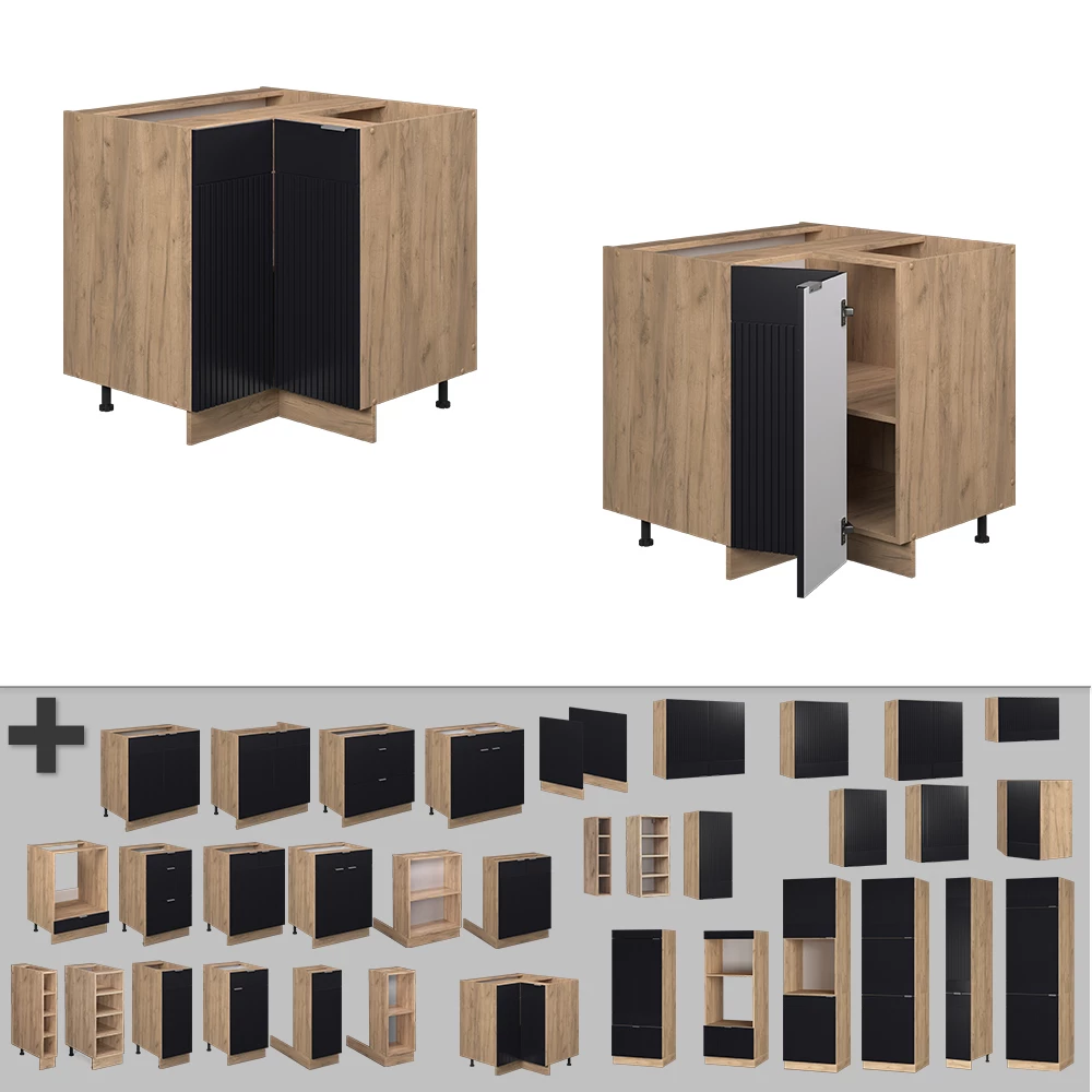 Nahaufnahme von Eckschrank in Schwarz gestreift, zeigt Design- und Oberflächendetails