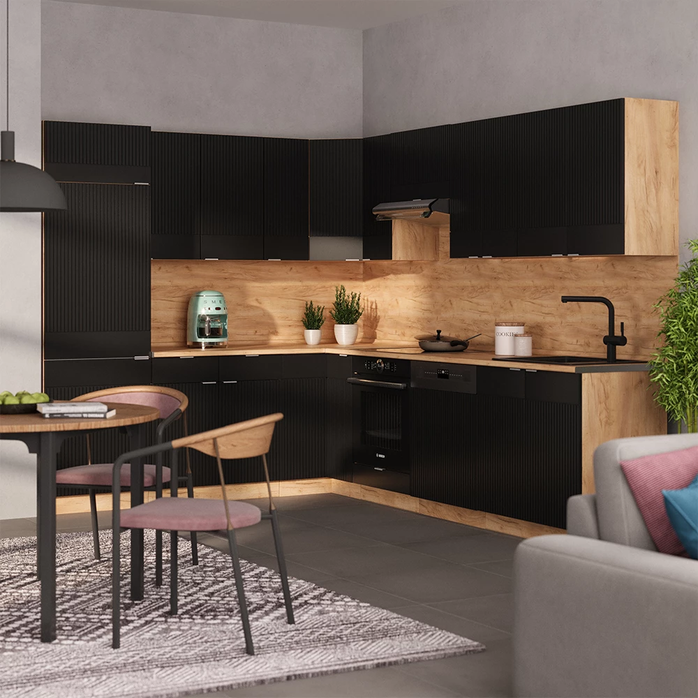 Bucătărie de colț in Dungi negre/Stejar Goldkraft on white background