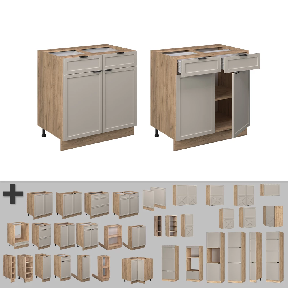 Nahaufnahme von Küchenunterschrank in GrauBeige, zeigt Design- und Oberflächendetails