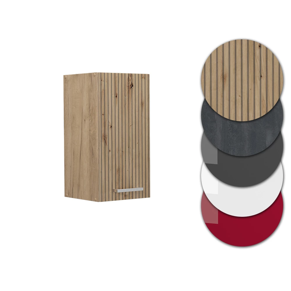 Nahaufnahme von Hängeschrank in Artisan-Eiche, zeigt Design- und Oberflächendetails