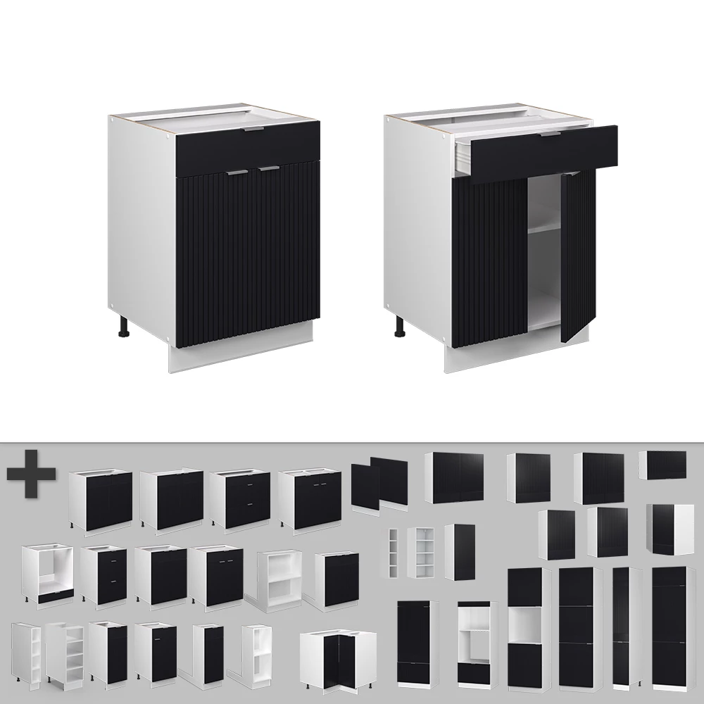 Nahaufnahme von Schubunterschrank in Schwarz gestreift, zeigt Design- und Oberflächendetails