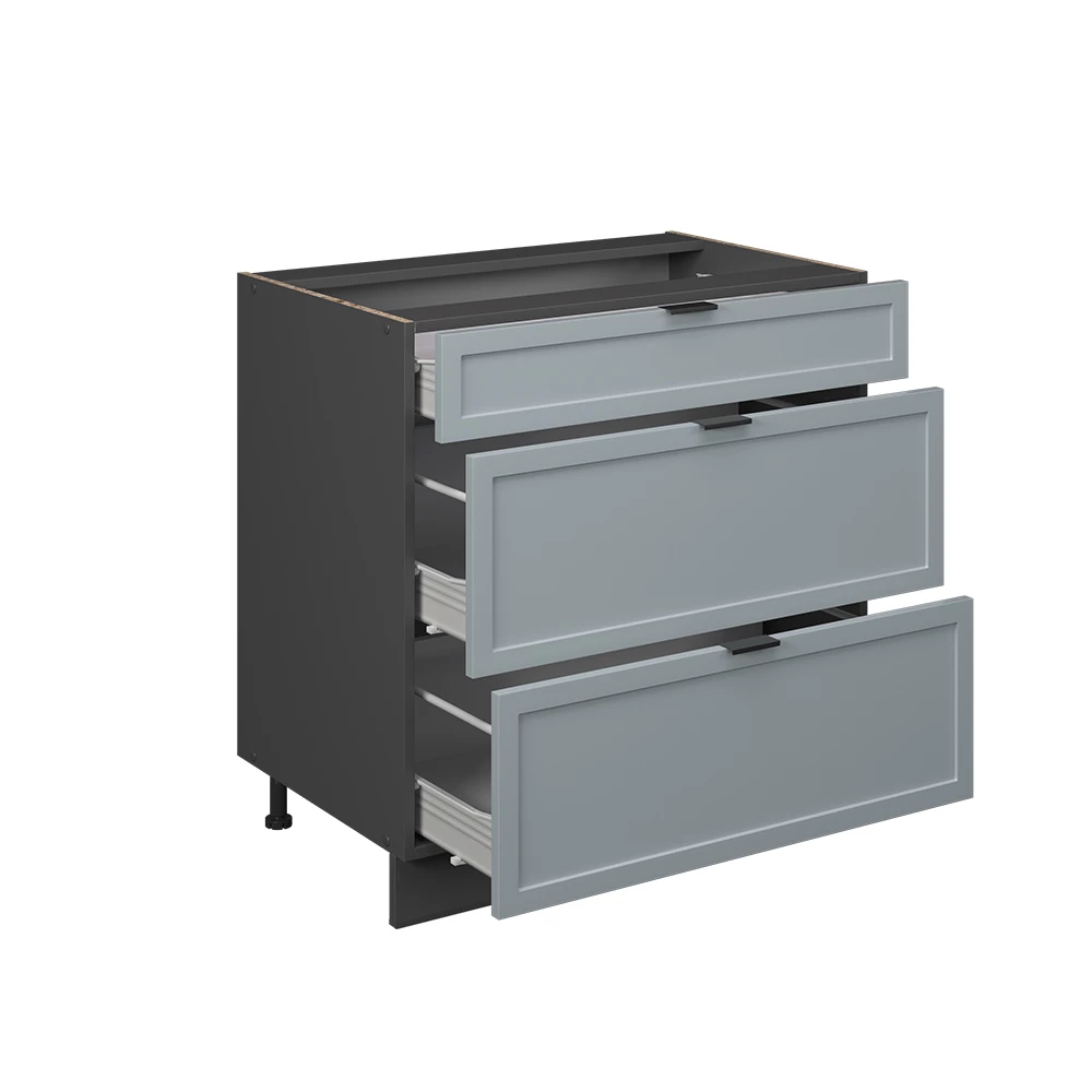 Nahaufnahme von Küchenunterschrank in Hellblau-grau, zeigt Textur/Details