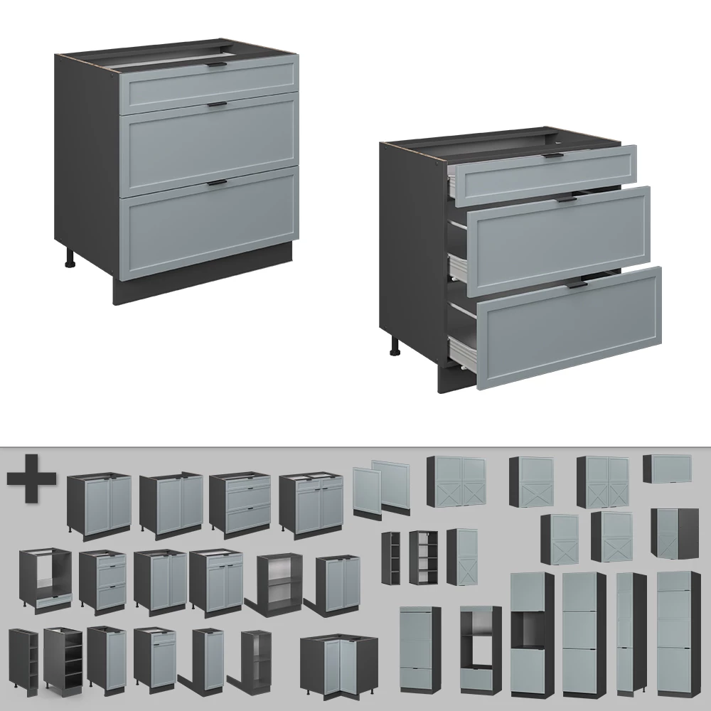 Nahaufnahme von Küchenunterschrank in Hellblau-grau, zeigt Design- und Oberflächendetails