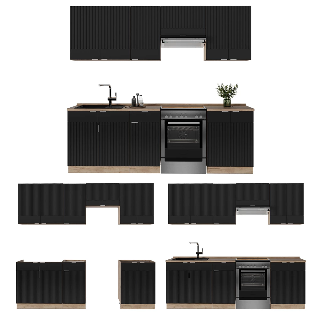 Cuisine en Noir rayé/Chêne doré sur fond blanc avec des éléments décoratifs