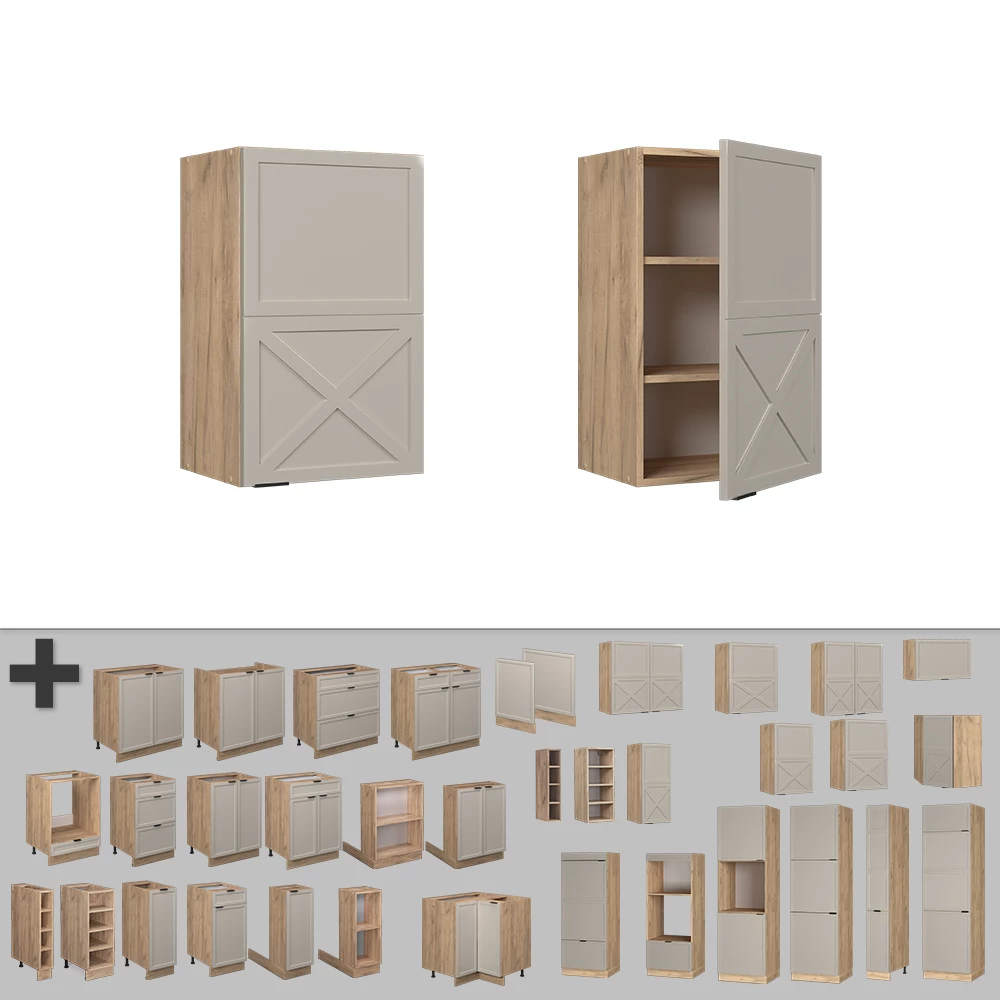 Nahaufnahme von Hängeschrank in GrauBeige, zeigt Textur/Details