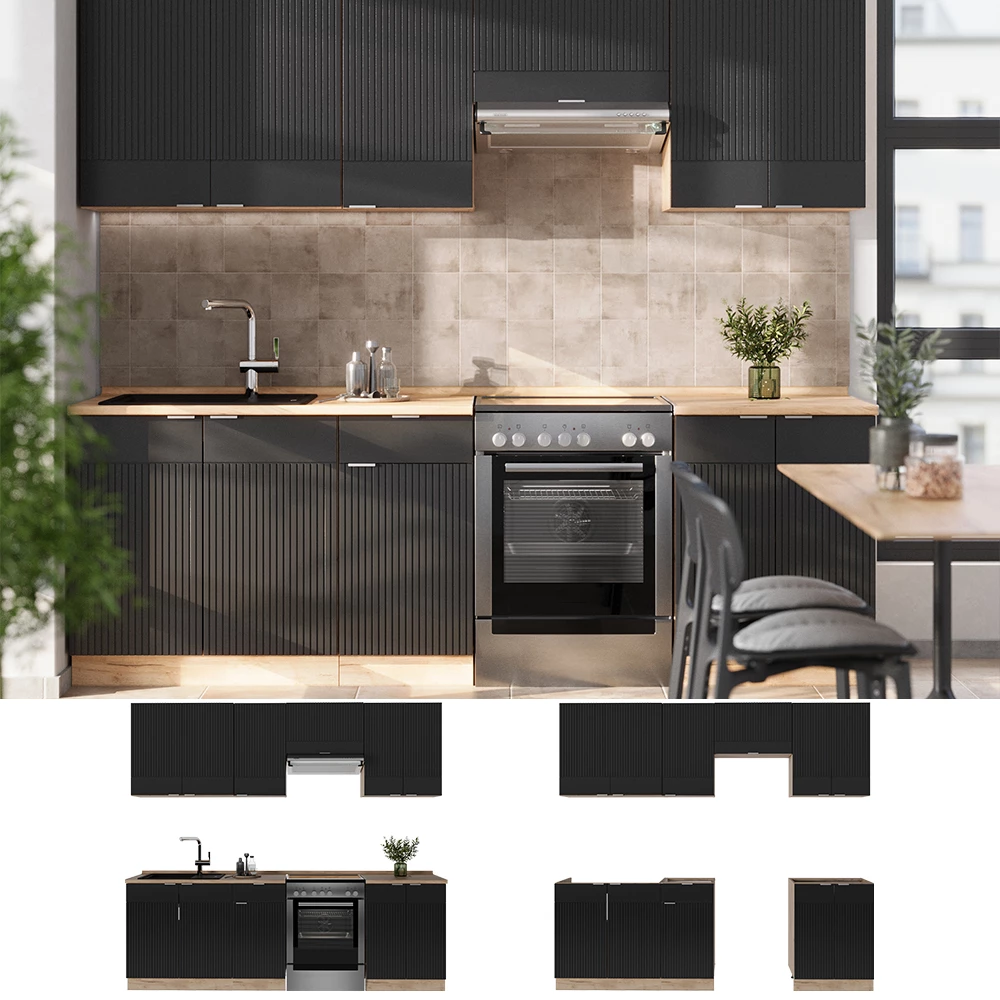 Cuisine en Noir rayé/Chêne doré, présenté dans un décor ambiant et sur fond blanc
