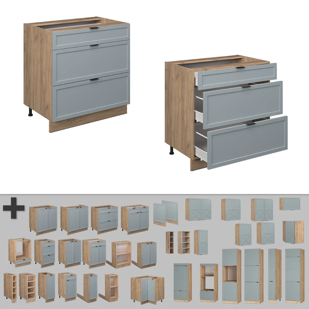 Nahaufnahme von Küchenunterschrank in Hellblau-grau, zeigt Design- und Oberflächendetails