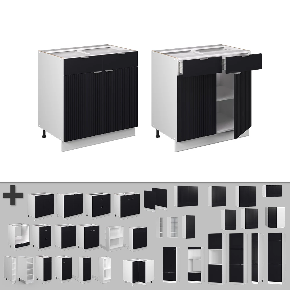 Nahaufnahme von Schubunterschrank in Schwarz gestreift, zeigt Design- und Oberflächendetails