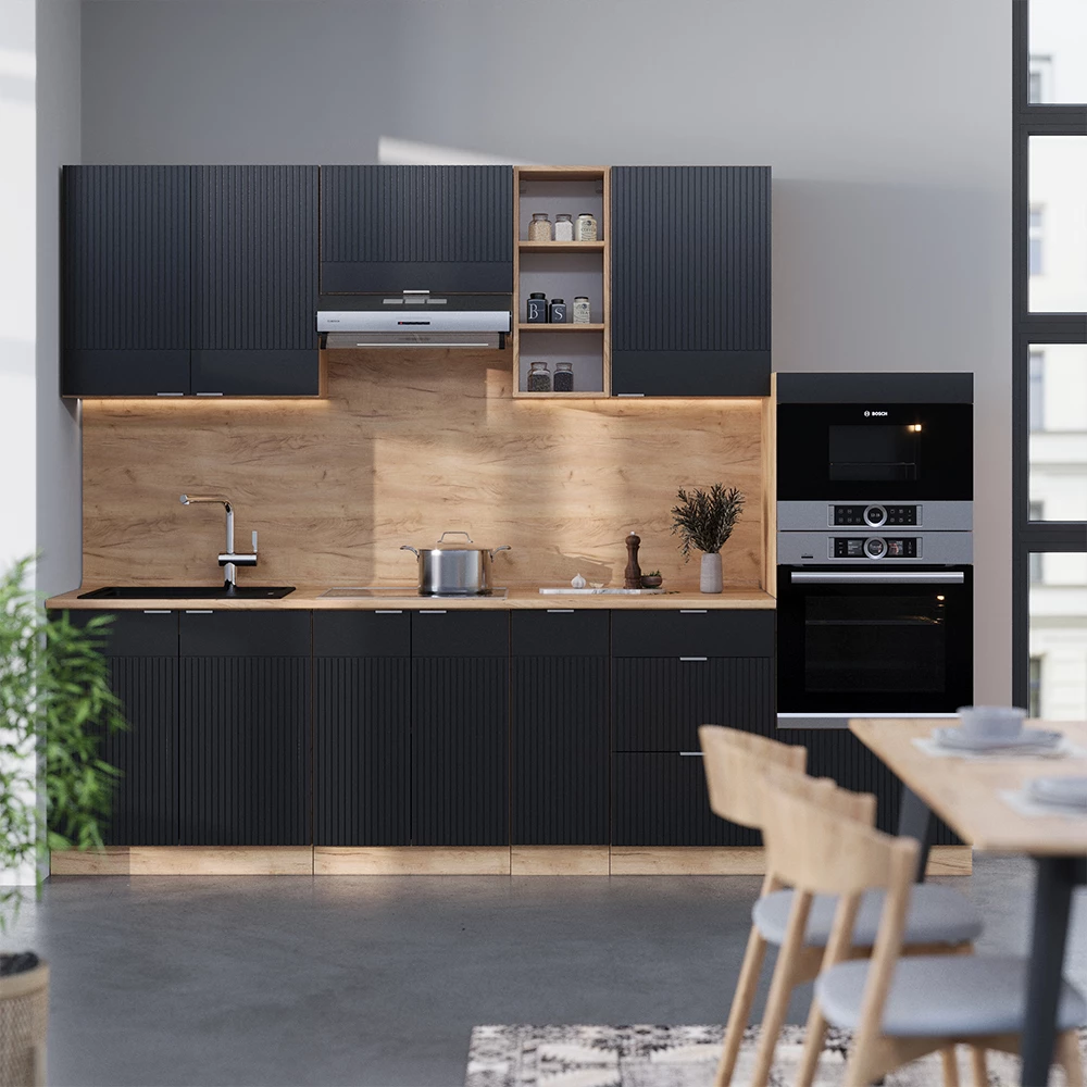 Kitchenette in Dungi negre/Stejar Goldkraft on white background