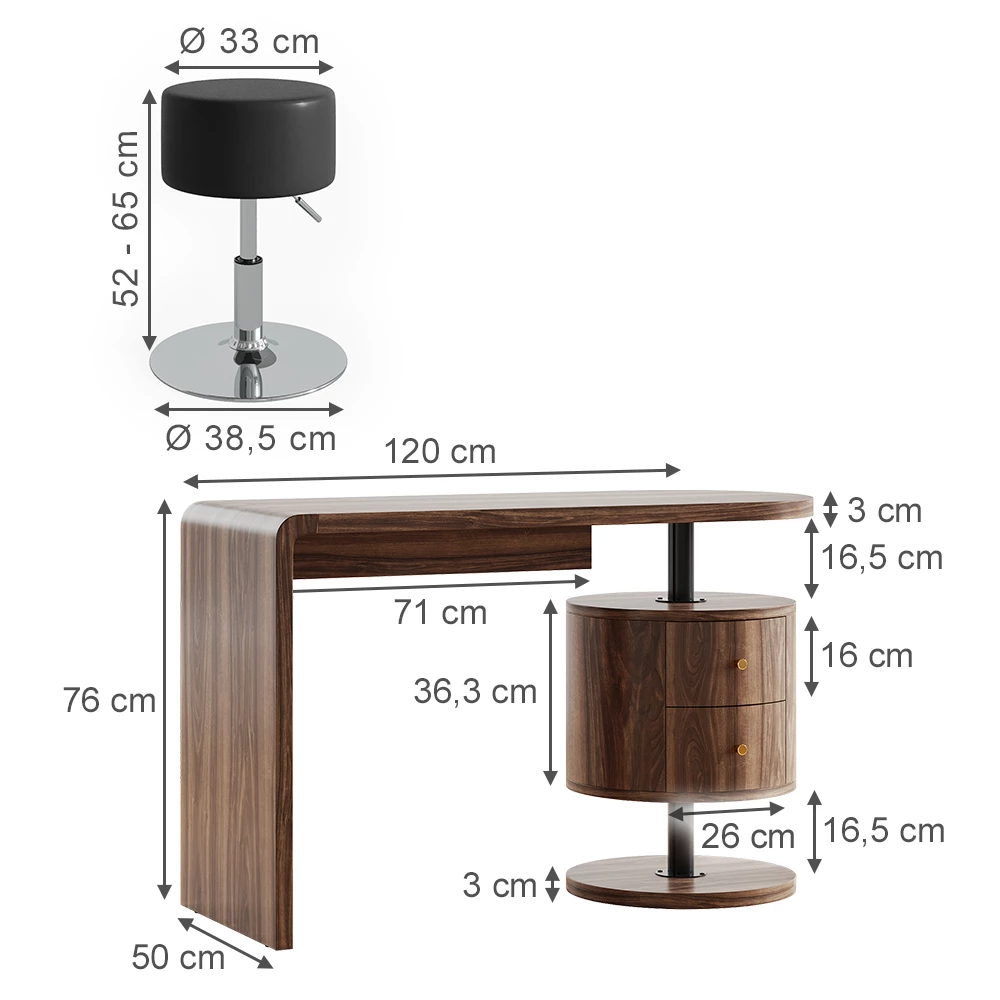 Vicco Frisørbord "Lara", Rustikt egetræ, 120 cm med skammel