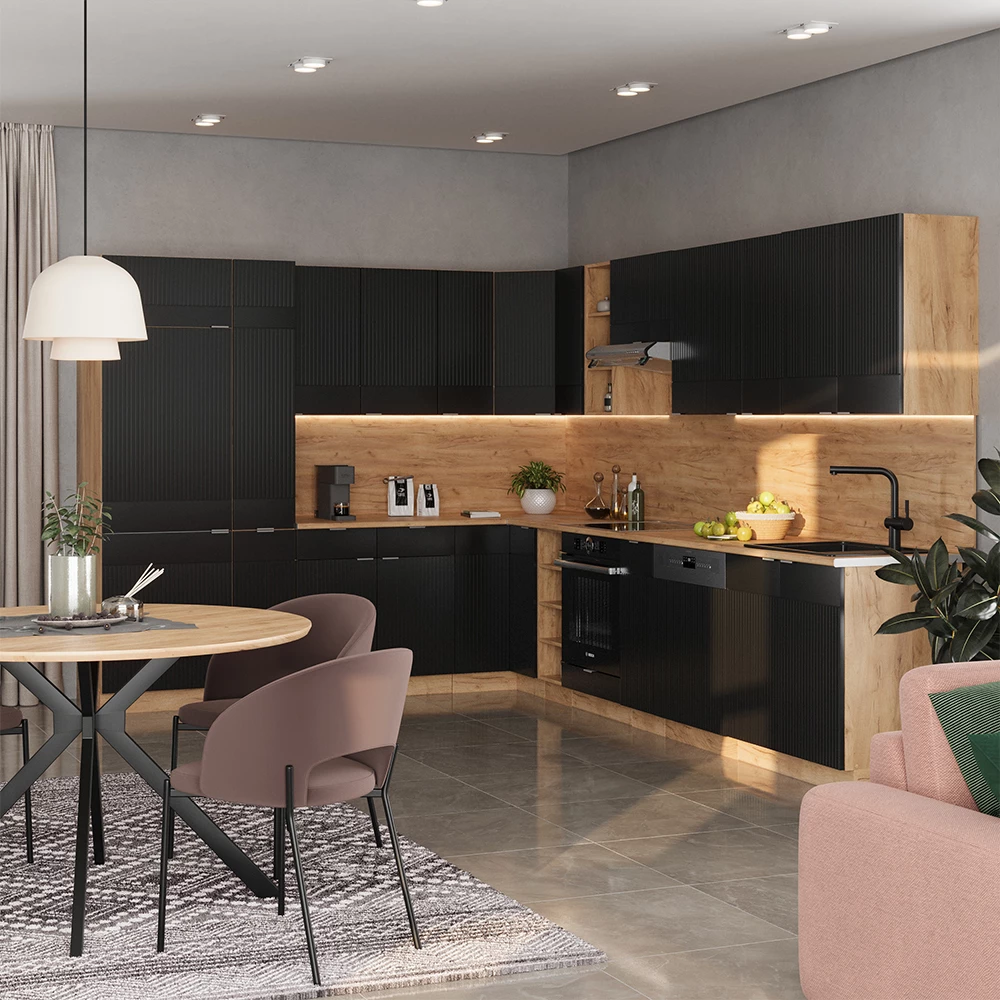 Bucătărie de colț in Dungi negre/Stejar Goldkraft on white background