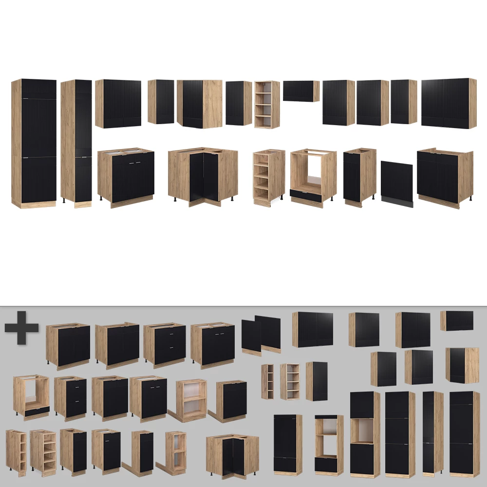 Nahaufnahme von Eckküche in Schwarz gestreift/Goldkraft Eiche, zeigt Design- und Oberflächendetails