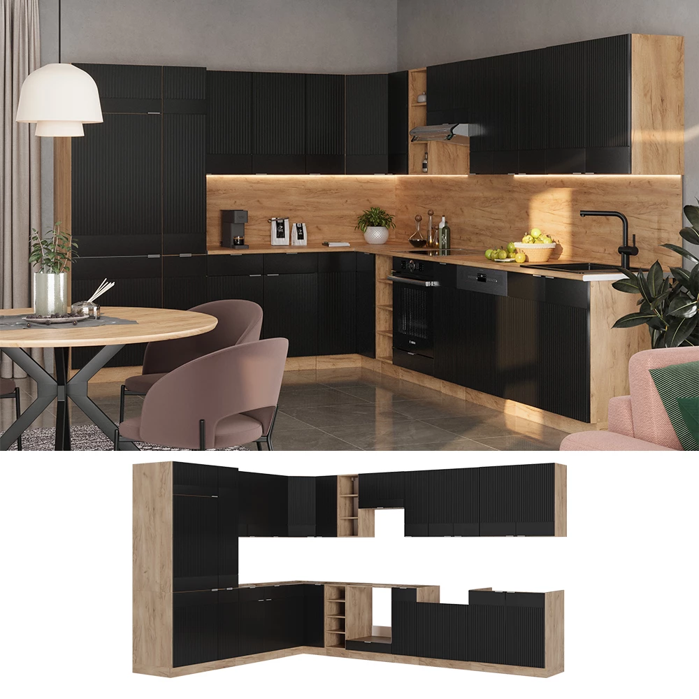 Eckküche in Schwarz gestreift/Goldkraft Eiche, dargestellt im Ambiente und auf weißem Hintergrund