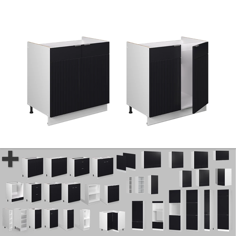 Nahaufnahme von Spülenunterschrank in Schwarz gestreift, zeigt Design- und Oberflächendetails