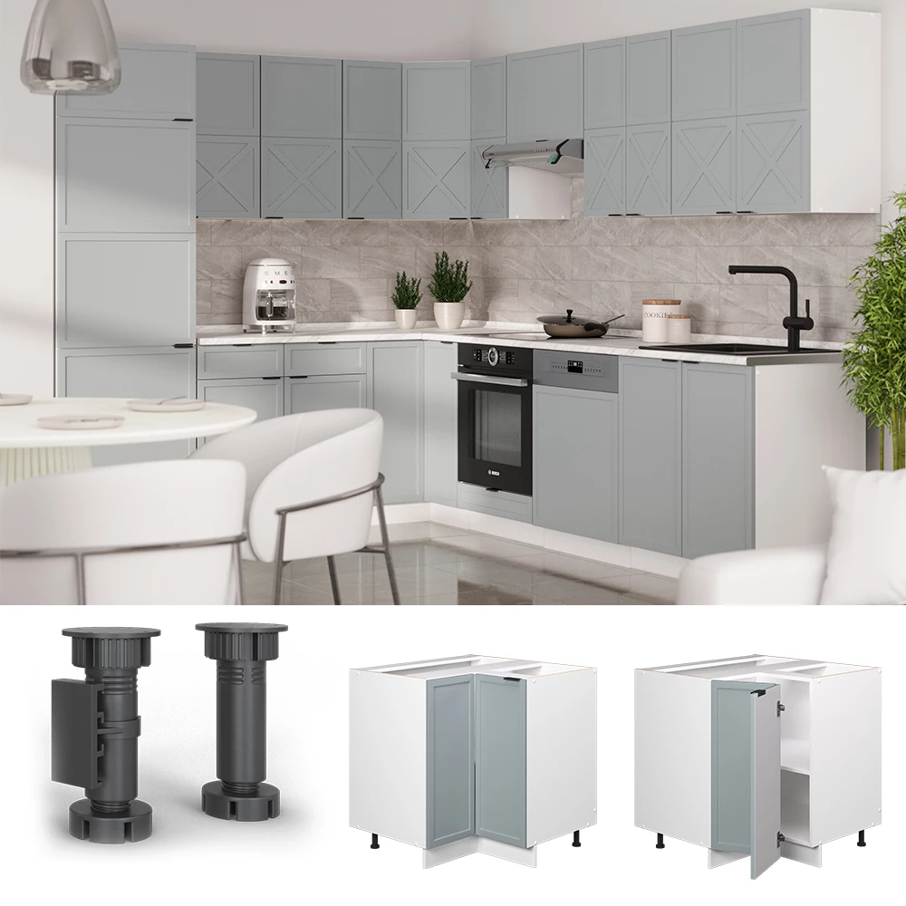 Eckunterschrank in Hellblau-grau, dargestellt im Ambiente mit Dekoration