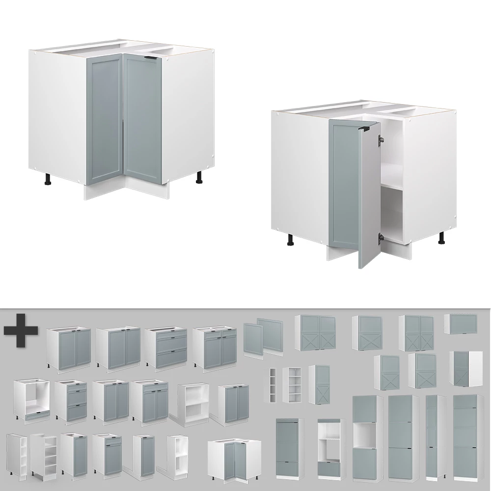 Nahaufnahme von Eckunterschrank in Hellblau-grau, zeigt Design- und Oberflächendetails