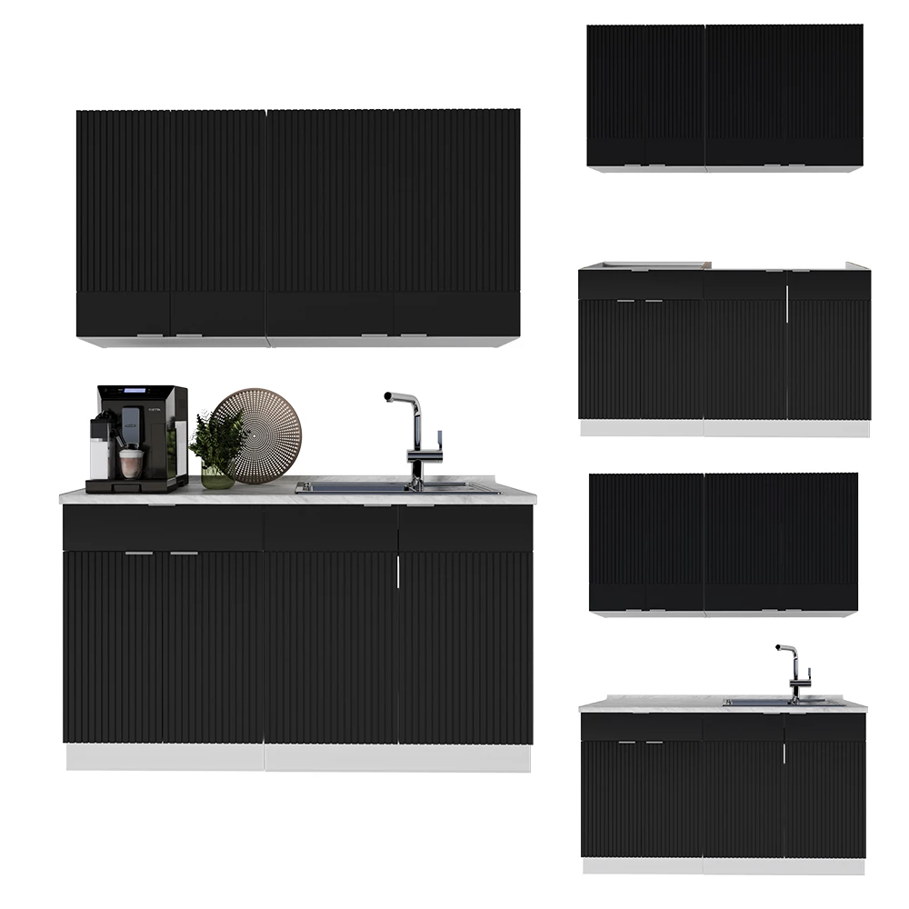 Cuisine en Noir rayé/blanc sur fond blanc avec des éléments décoratifs