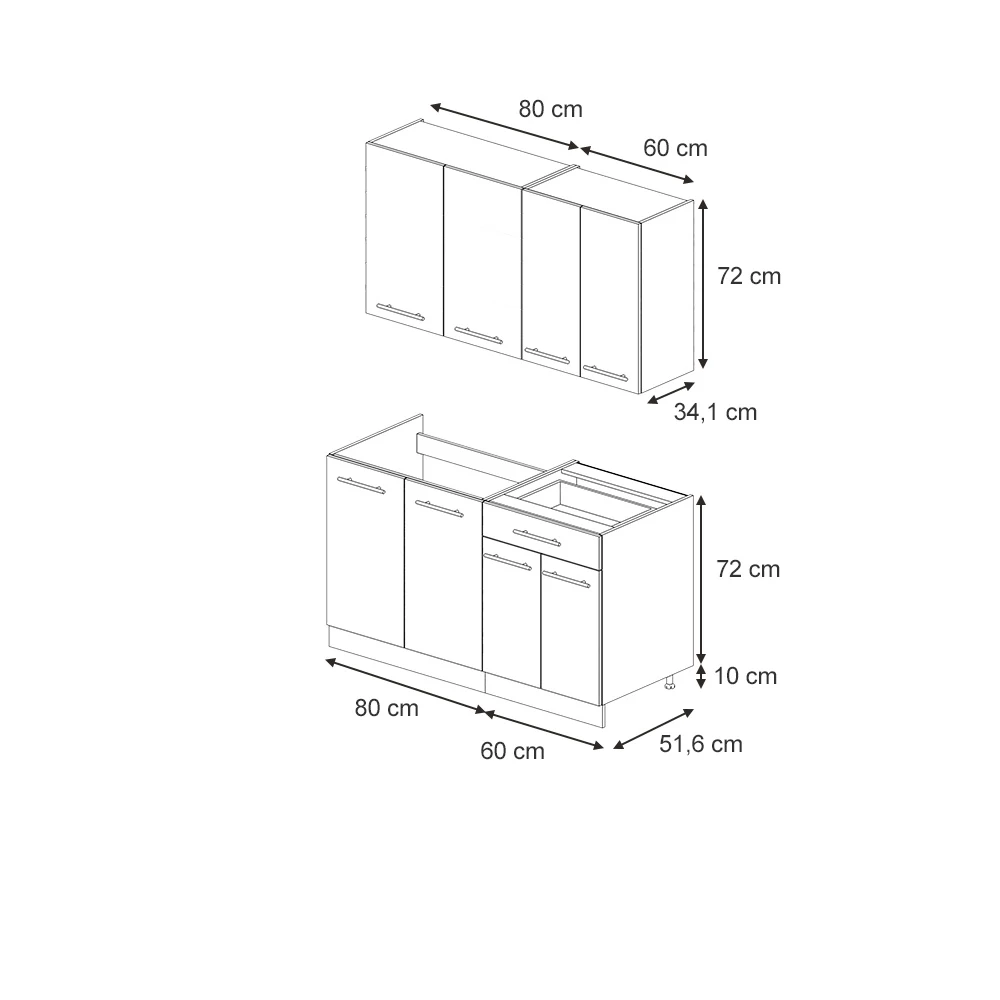 Jednolôžková kuchyňa in Sivá/béžová/zlatý dub on white background