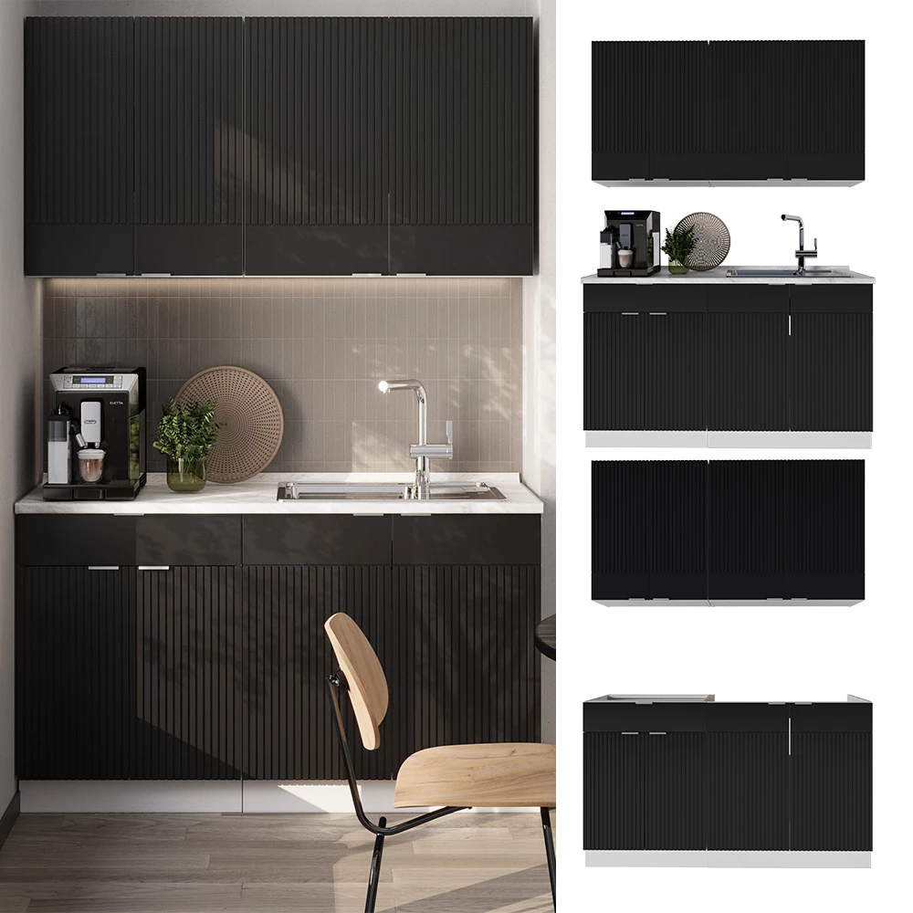 Cuisine en Noir rayé/blanc, présenté dans un décor ambiant et sur fond blanc