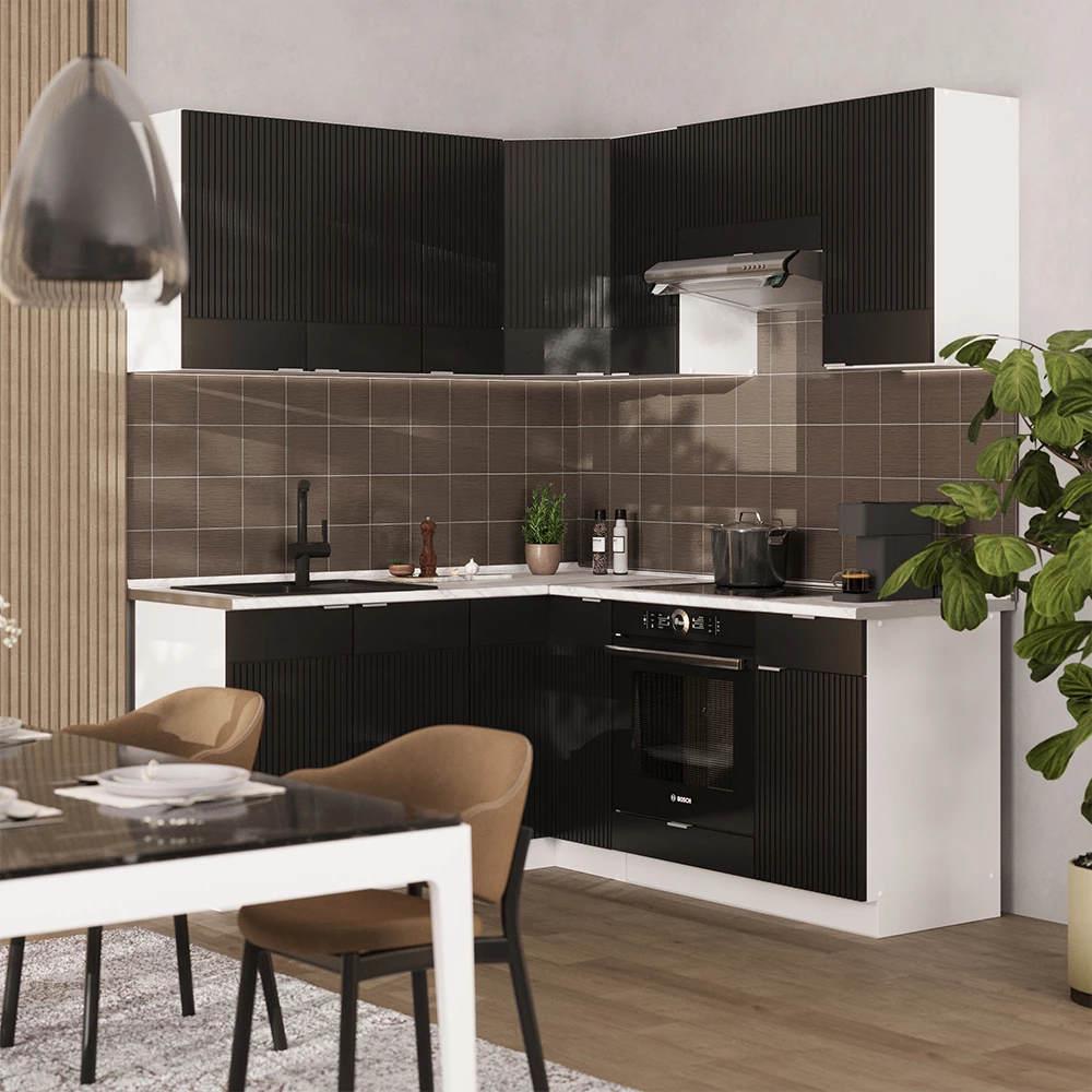 Bucătărie de colț in dungi negre/albe on white background