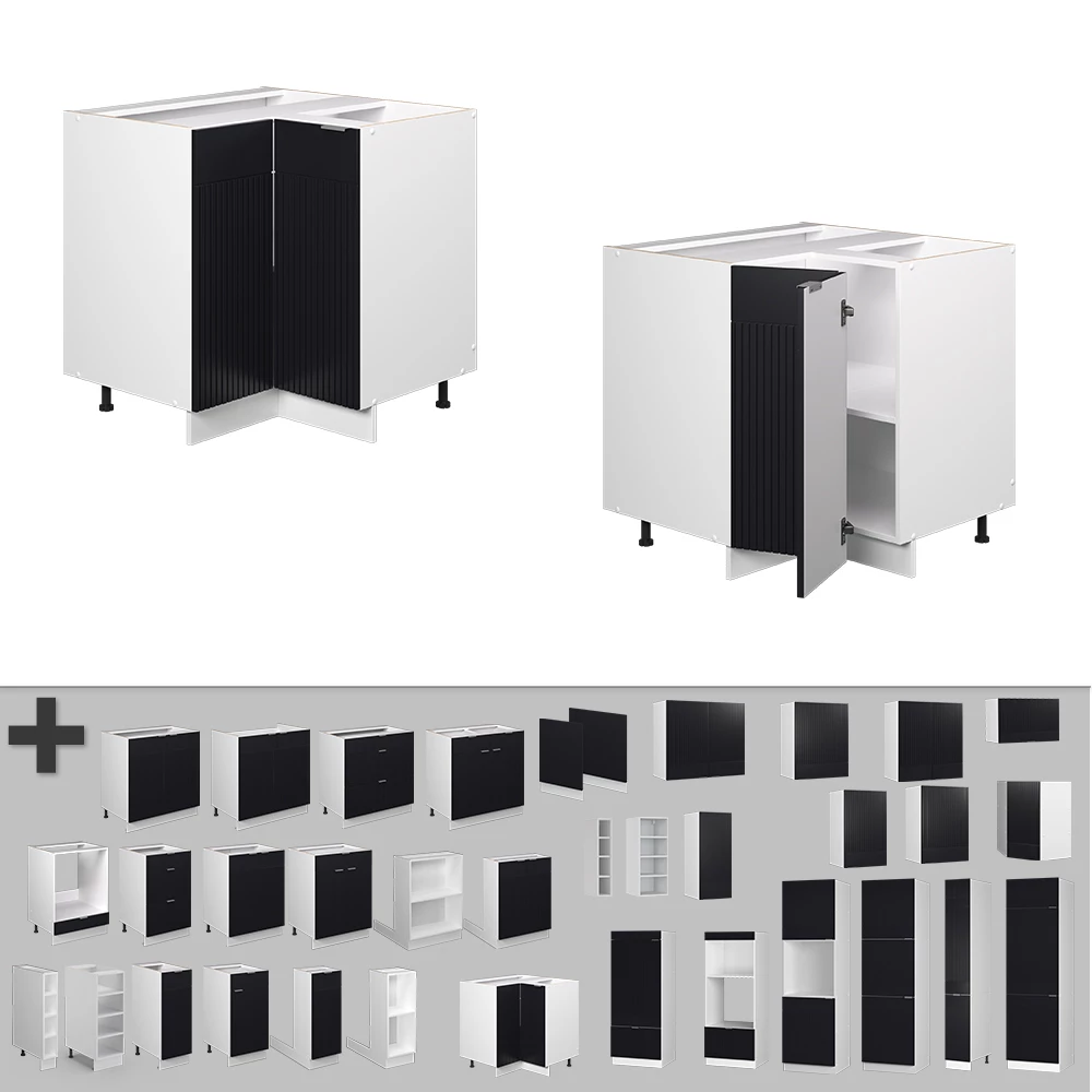 Nahaufnahme von Eckunterschrank in Schwarz gestreift, zeigt Design- und Oberflächendetails