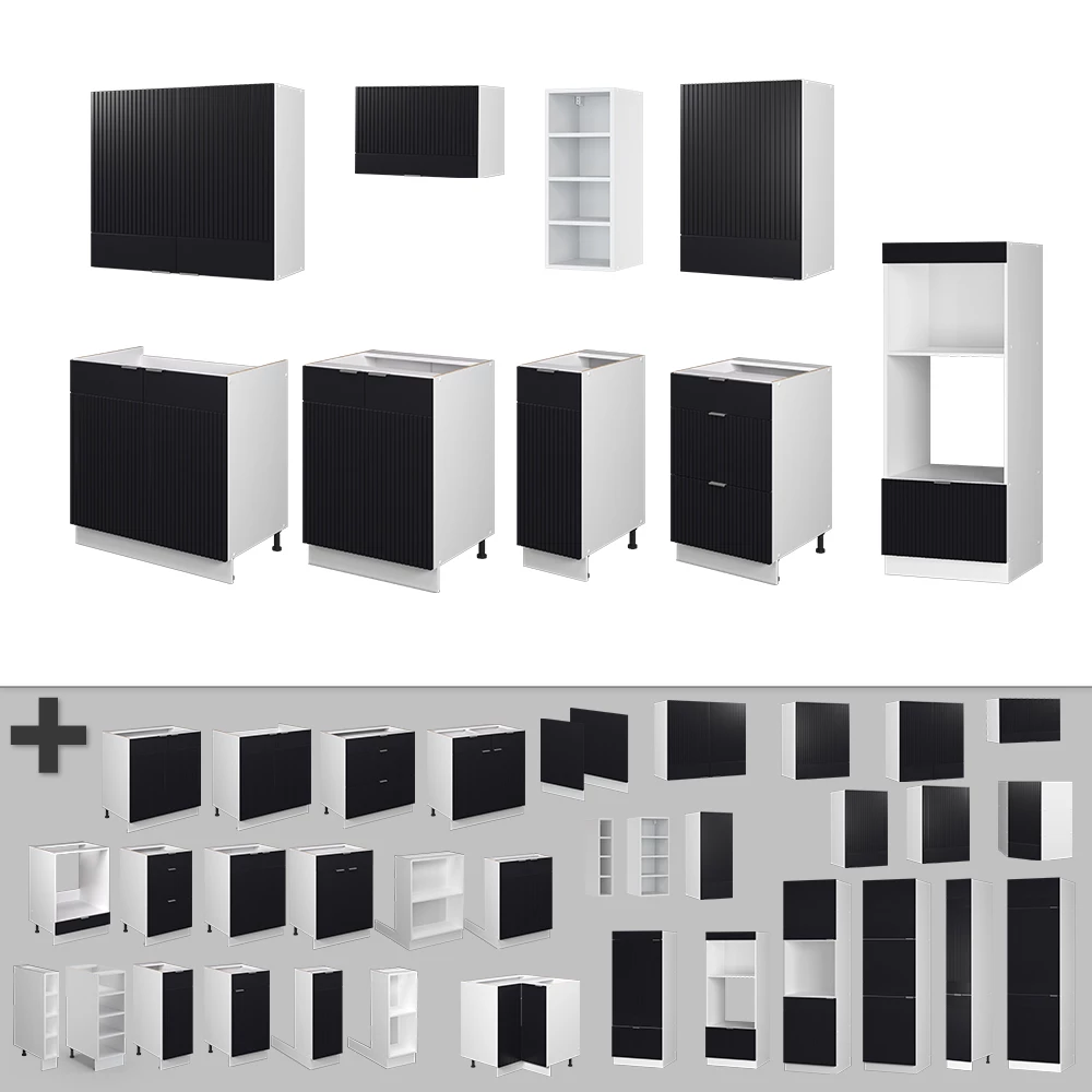 Nahaufnahme von Küchenzeile in Schwarz gestreift/Weiß, zeigt Design- und Oberflächendetails