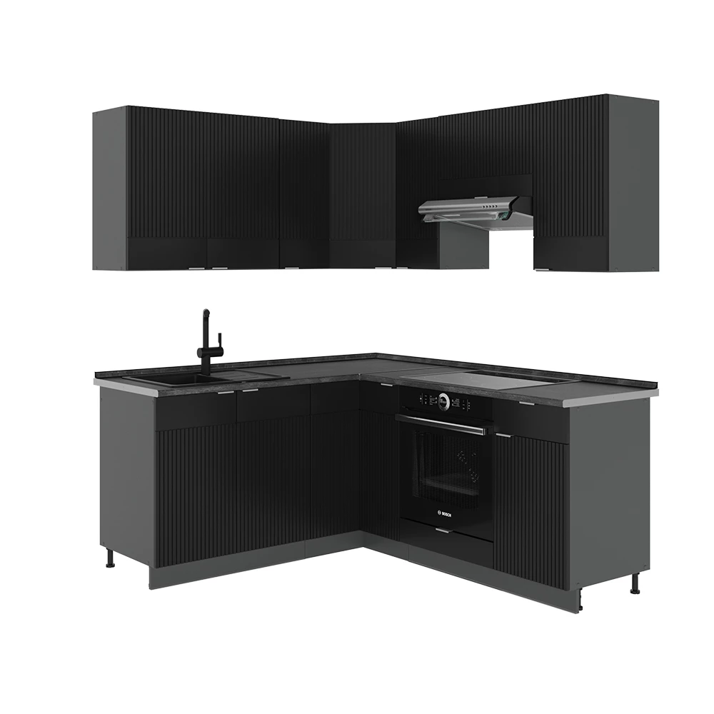 Kotna kuhinja v Črna črtasta/antracitna na belem ozadju