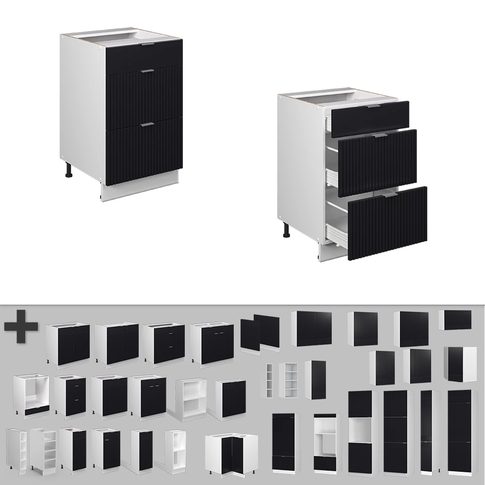 Nahaufnahme von Schubunterschrank in Schwarz gestreift, zeigt Design- und Oberflächendetails