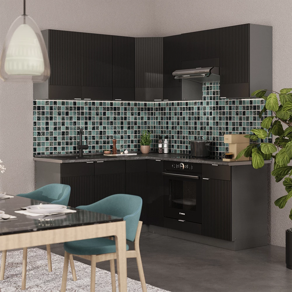 Kotna kuhinja v Črna črtasta/antracitna na belem ozadju