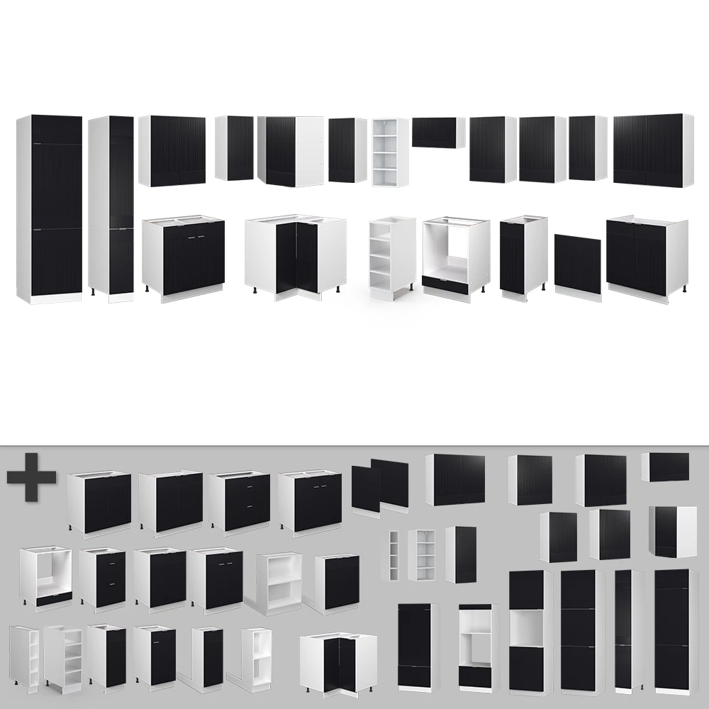 Nahaufnahme von Eckküche in Schwarz gestreift/Weiß, zeigt Design- und Oberflächendetails