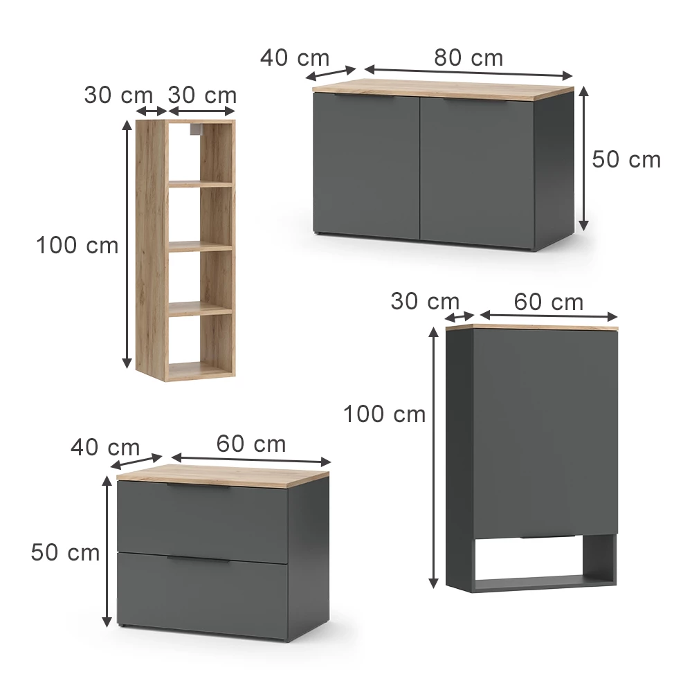 Wohnwand in Anthrazit auf weißem Hintergrund mit sichtbaren Maßen
