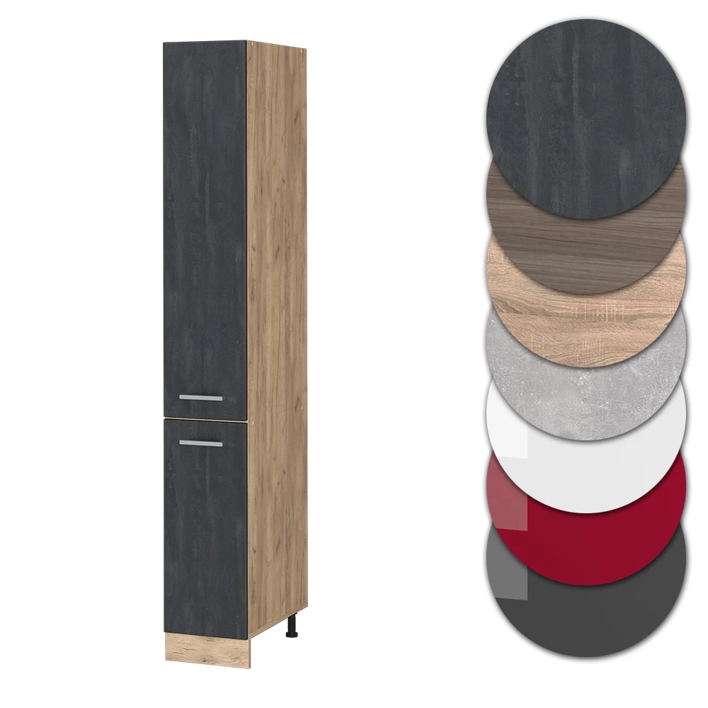 Nahaufnahme von Apothekerschrank in Schwarz Beton, zeigt Design- und Oberflächendetails