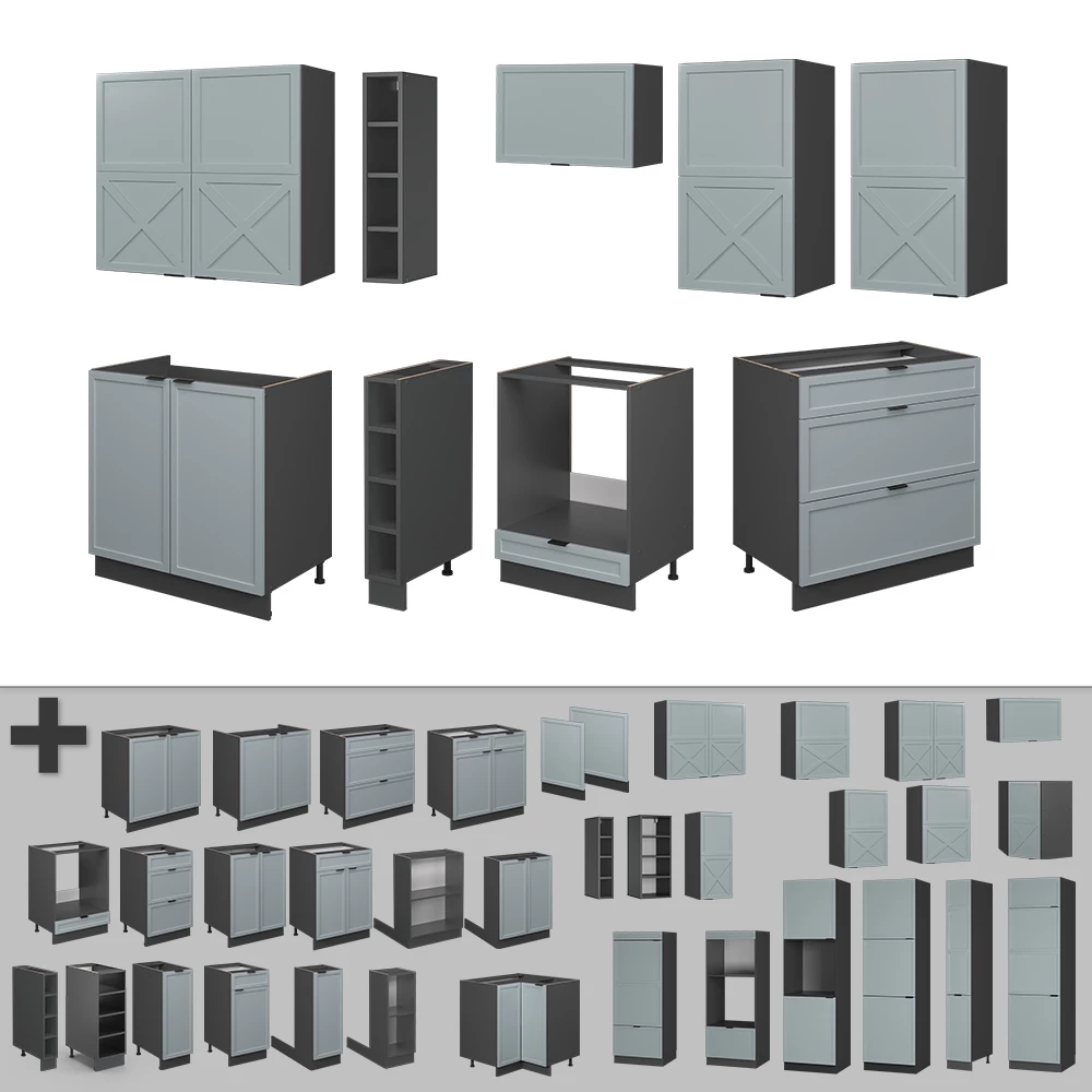 Gros plan de Cuisine en Bleu clair-gris/anthracite, montrant le design et les détails de surface