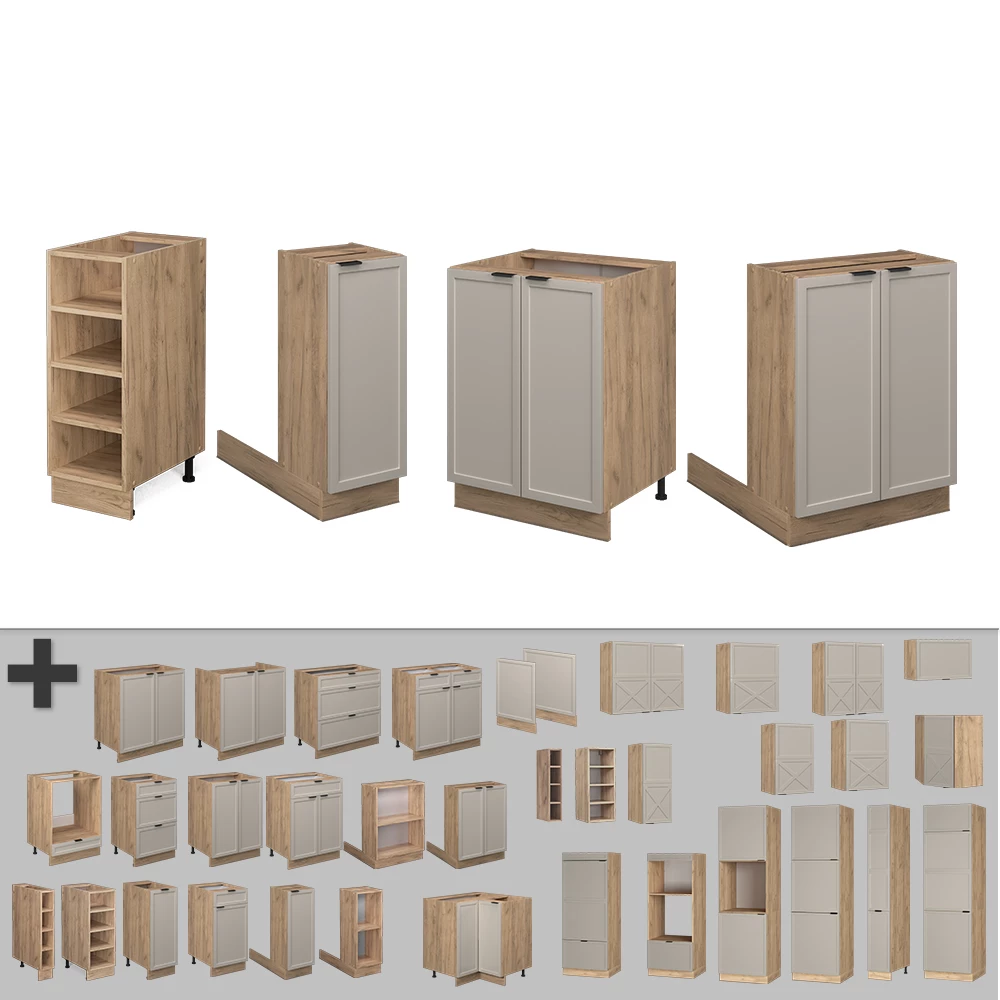 Nahaufnahme von Kücheninsel in GrauBeige, zeigt Design- und Oberflächendetails