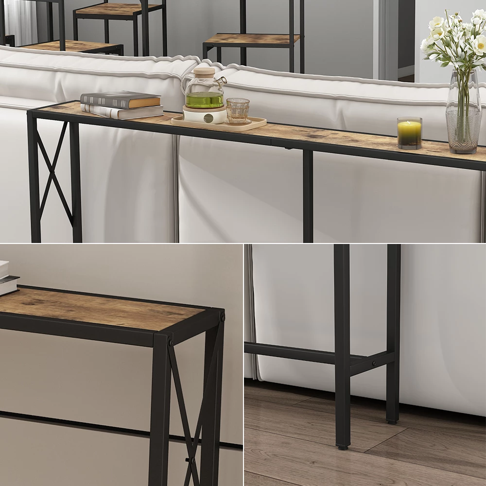 Vicco Lima Tafel Vicco Console Tafel Lima – Industriële Bijzettafel Van Eiken Rustiek En Zwart Staal, 174 X 77 Cm, Voor Woonkamer Of Hal Zwart Frame Tafel