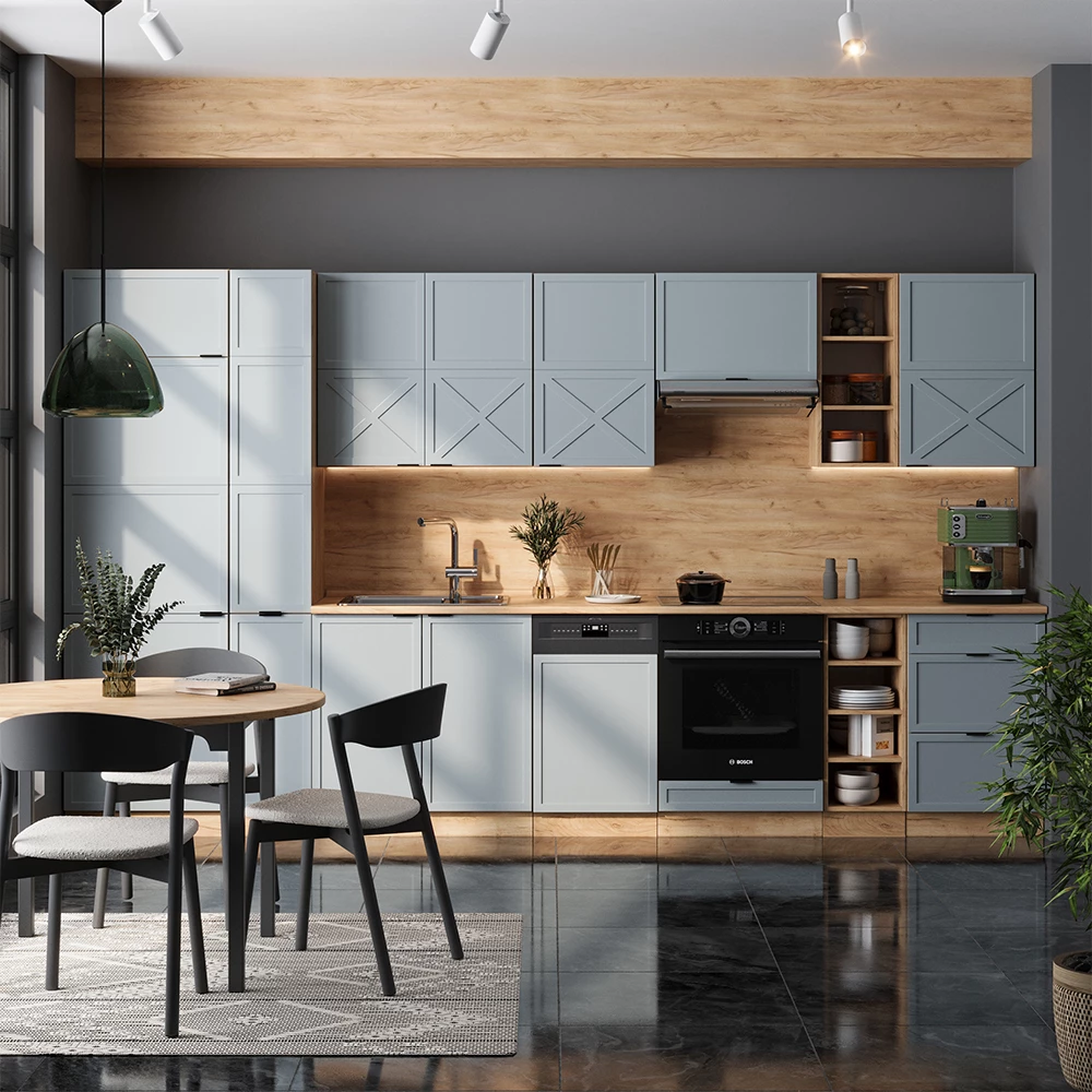 Konyhabútor Világoskék-szürke/arany tölgy színben fehér háttéren