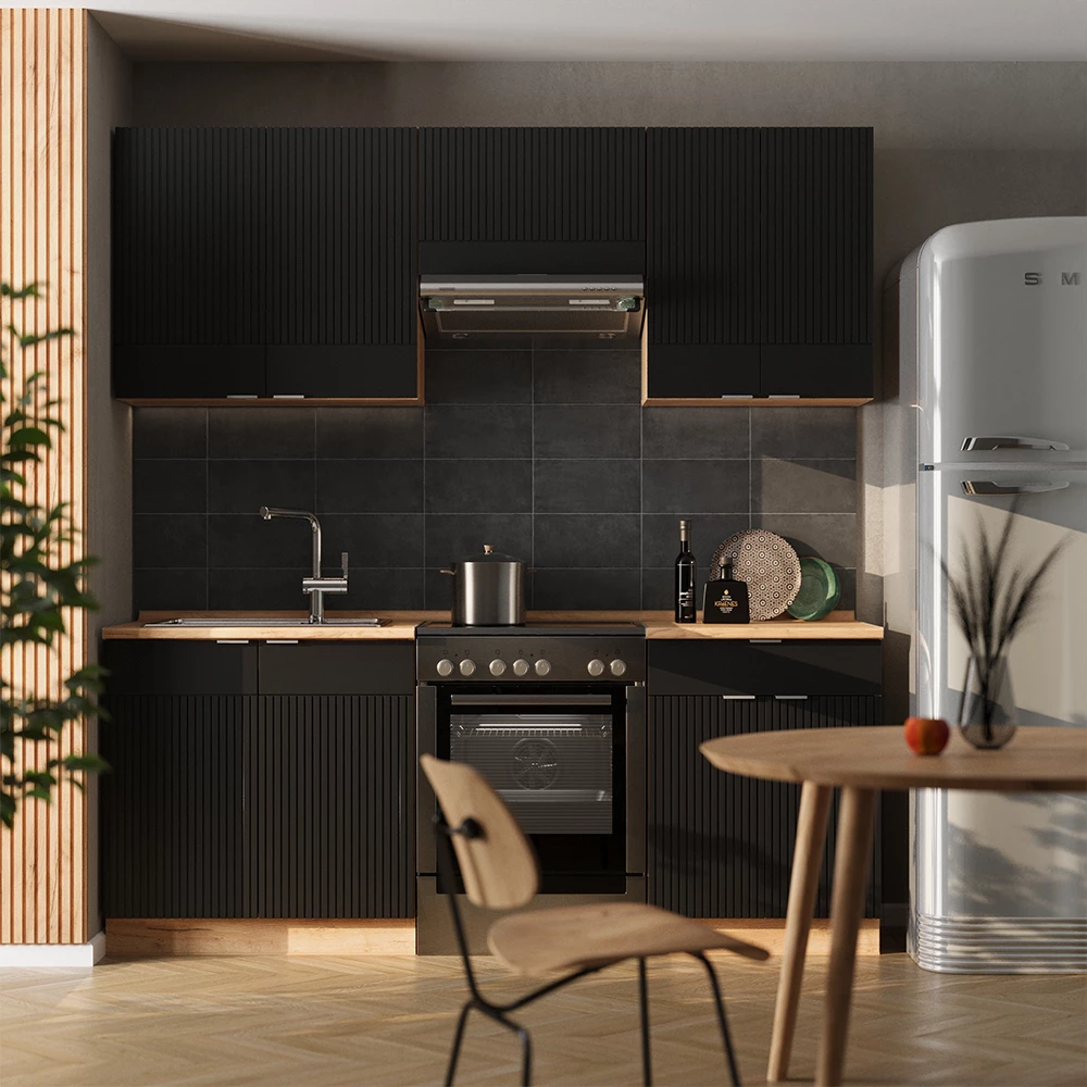 Kitchenette in Dungi negre/Stejar Goldkraft on white background