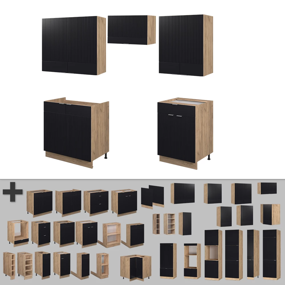 Nahaufnahme von Küchenzeile in Schwarz gestreift/Goldkraft Eiche, zeigt Design- und Oberflächendetails