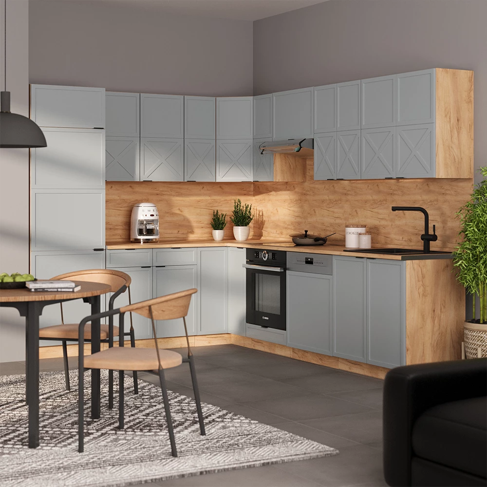Bucătărie de colț in Albastru-gri deschis/Stejar Goldkraft on white background