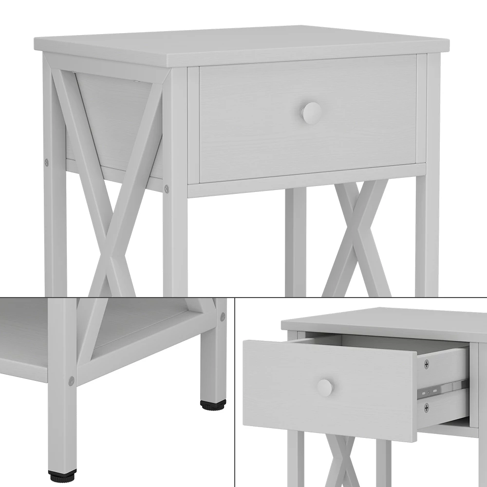 Nahaufnahme von Nachttisch in Weiß, zeigt Design- und Oberflächendetails