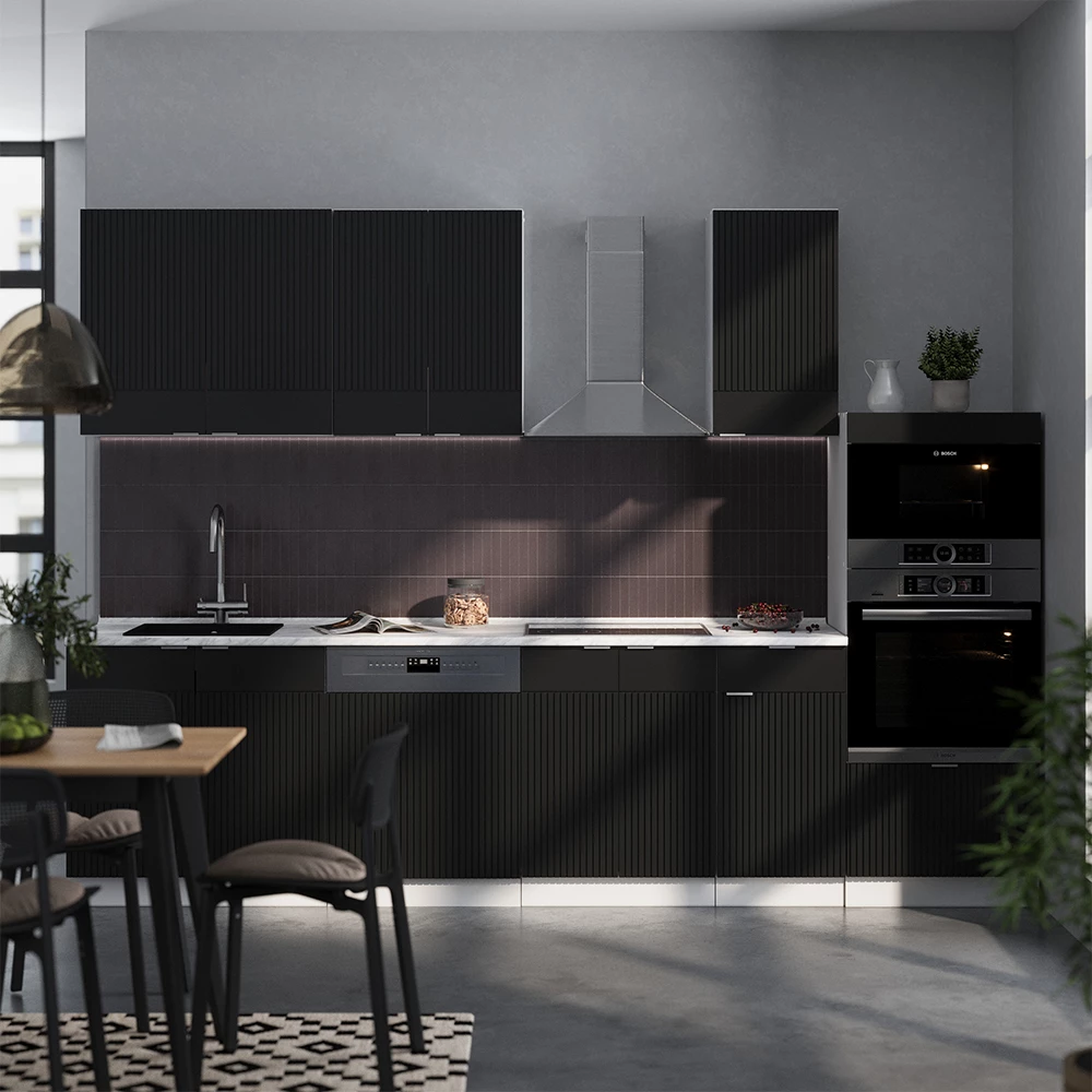 Konyhabútor Fekete csíkos/fehér színben fehér háttéren