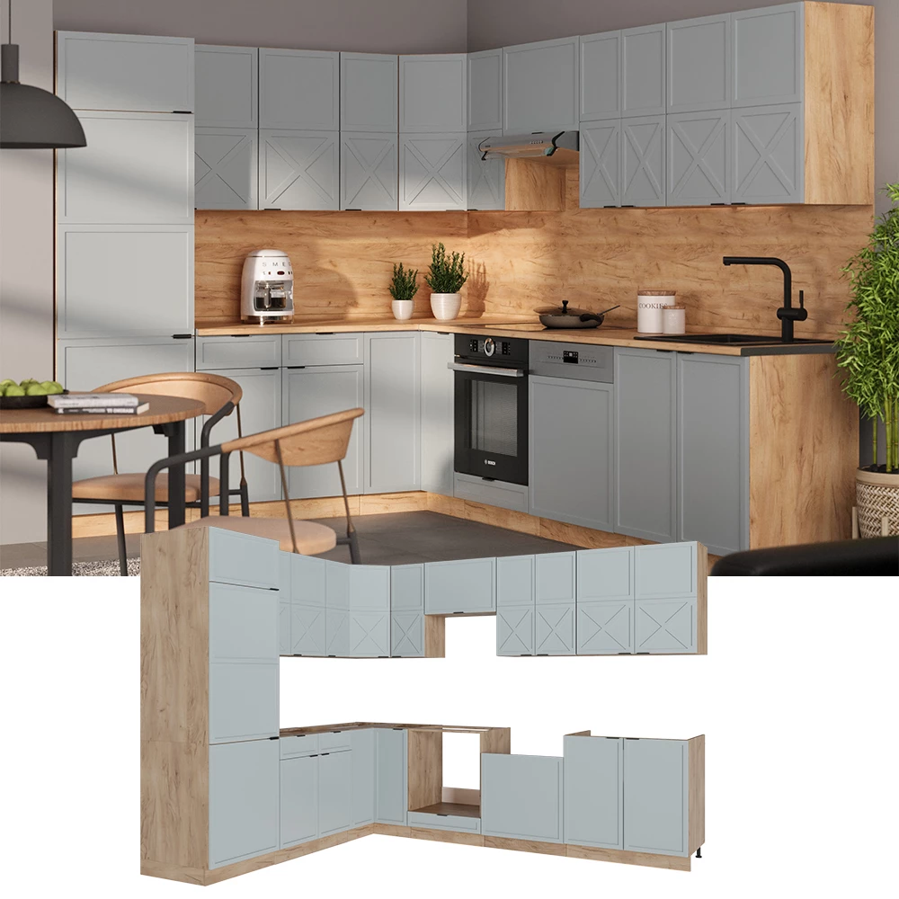 Cuisine en angle en Bleu clair-gris/chêne force d'or, présenté dans un décor ambiant et sur fond blanc