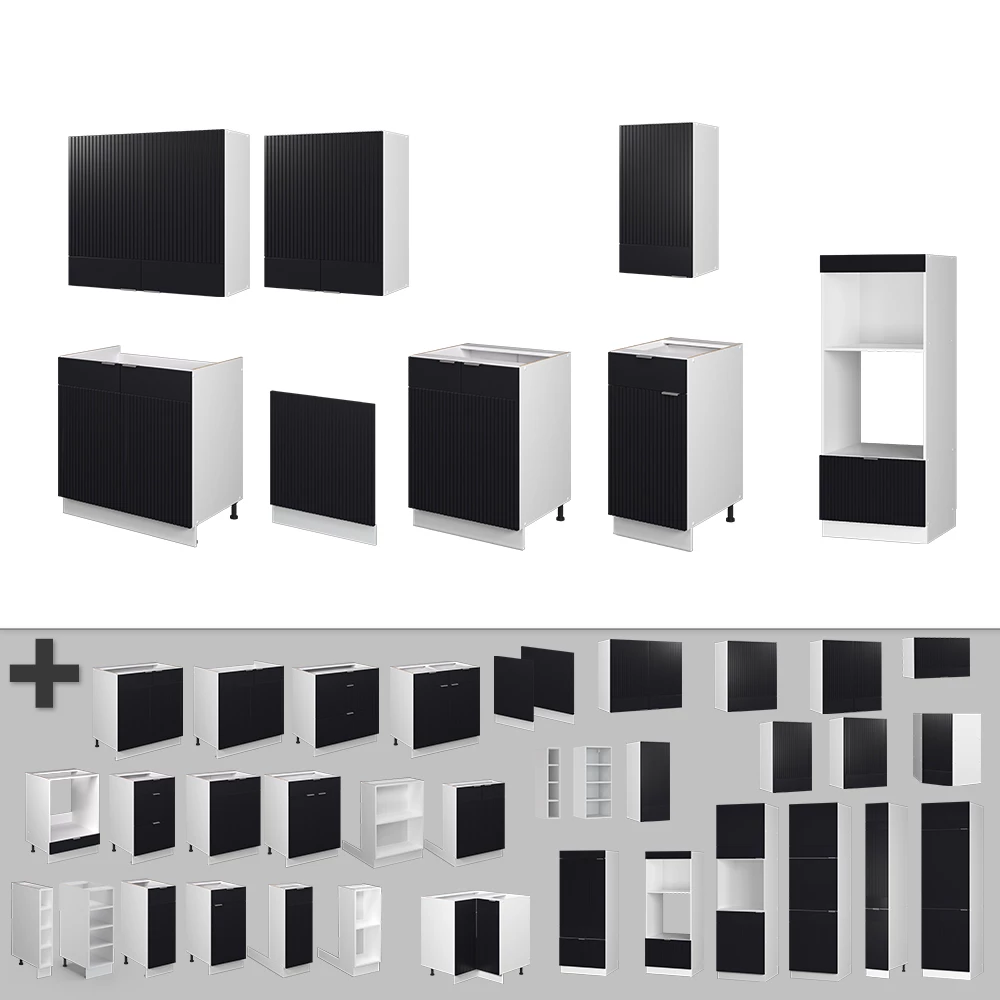 Gros plan de Cuisine en Noir rayé/blanc, montrant le design et les détails de surface