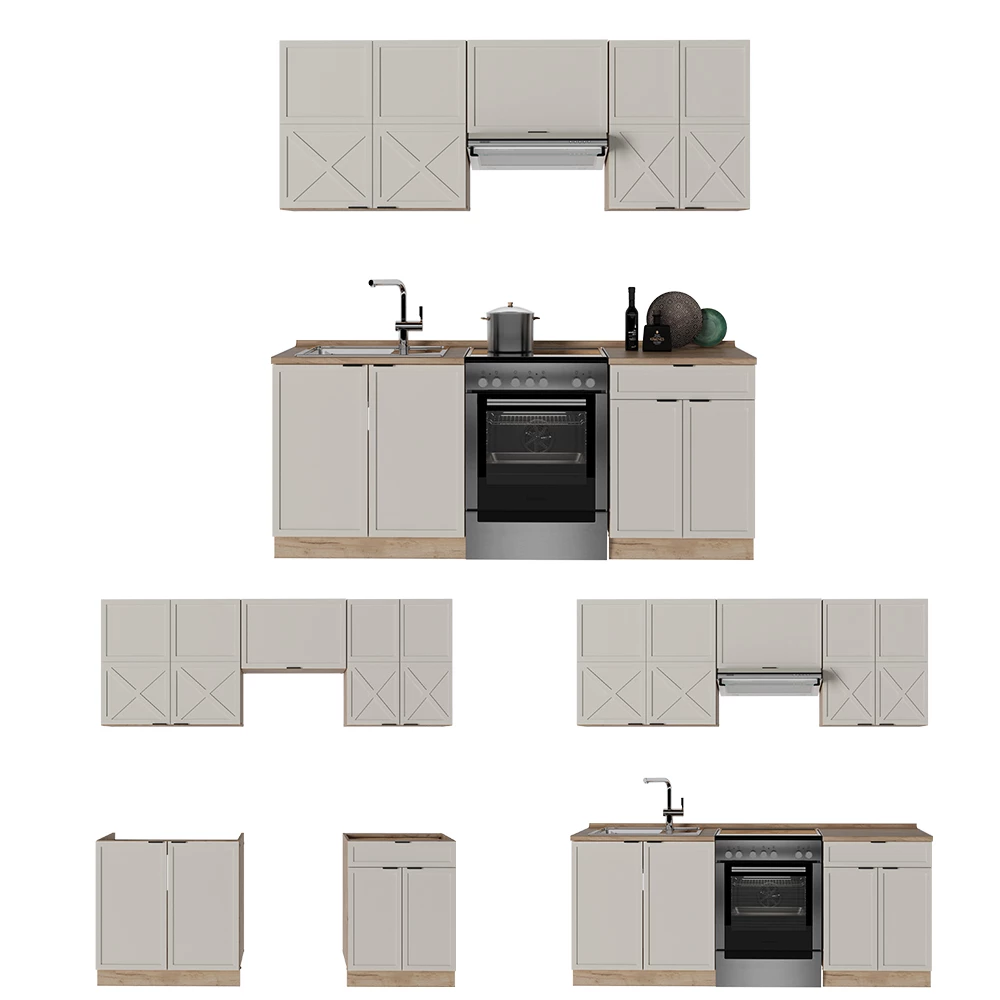 Cucina componibile in Grigio/beige/rovere dorato on white background with decorative elements