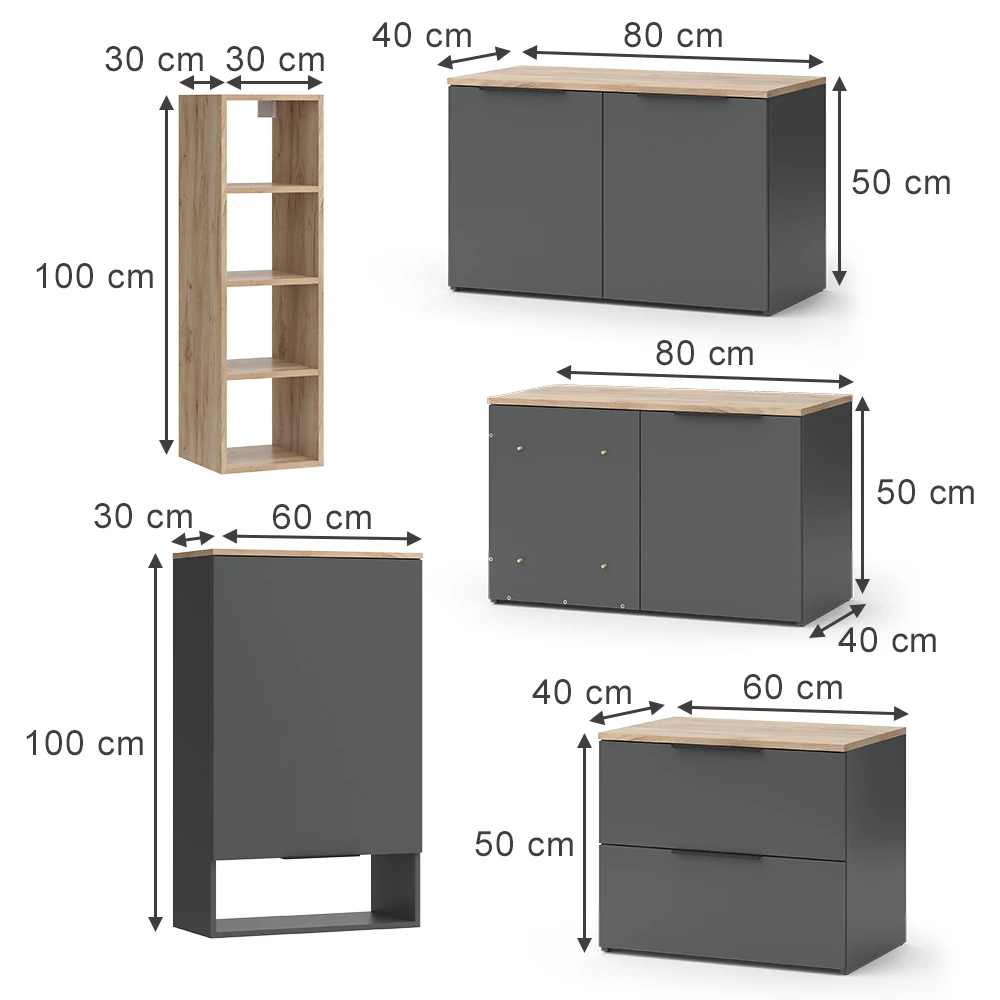 Wohnwand in Anthrazit auf weißem Hintergrund mit sichtbaren Maßen