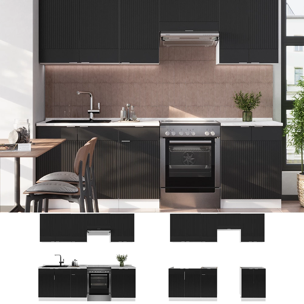 Cuisine en Noir rayé/blanc, présenté dans un décor ambiant et sur fond blanc