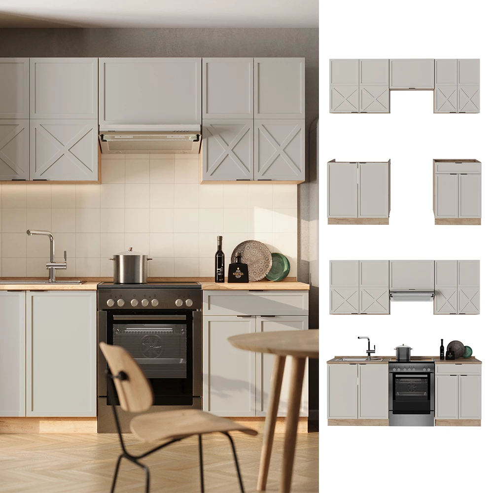 Cucina componibile in Grigio/beige/rovere dorato, shown in ambient setting and on white background