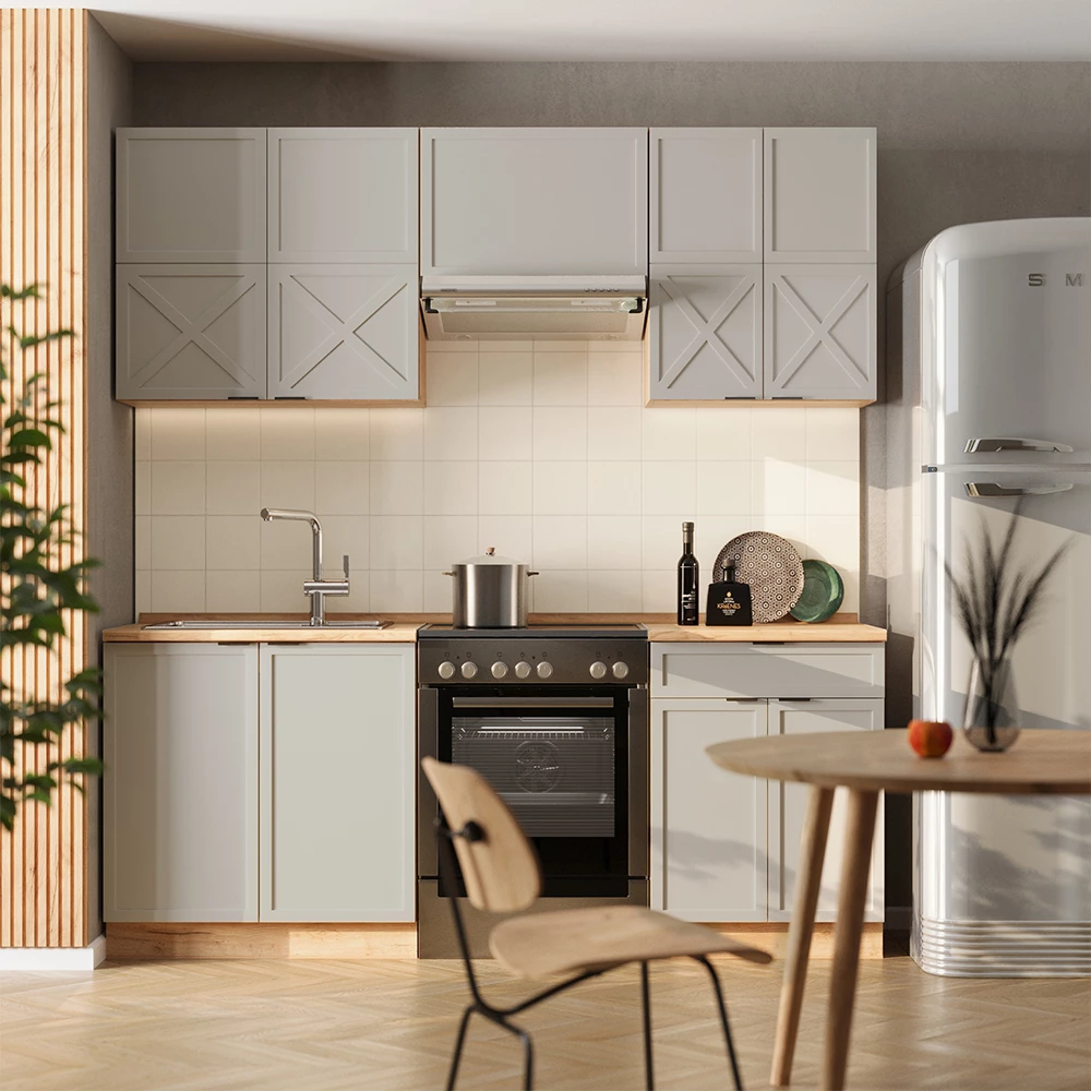 Móvel de cozinha Vicco "Fame-Line", bege acinzentado/carvalho Goldkraft, 200 cm sem bancada