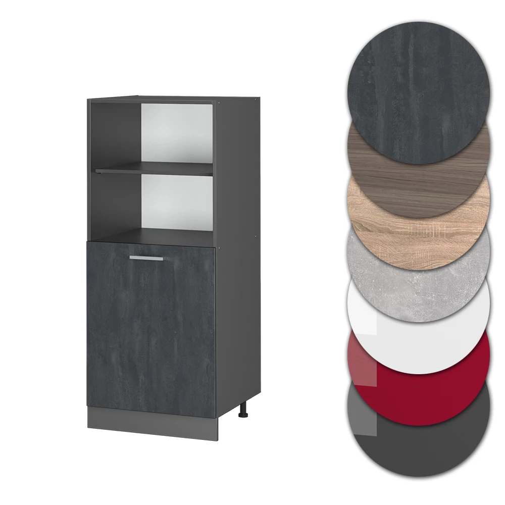 Nahaufnahme von Herdumbauschrank in Schwarz Beton, zeigt Design- und Oberflächendetails