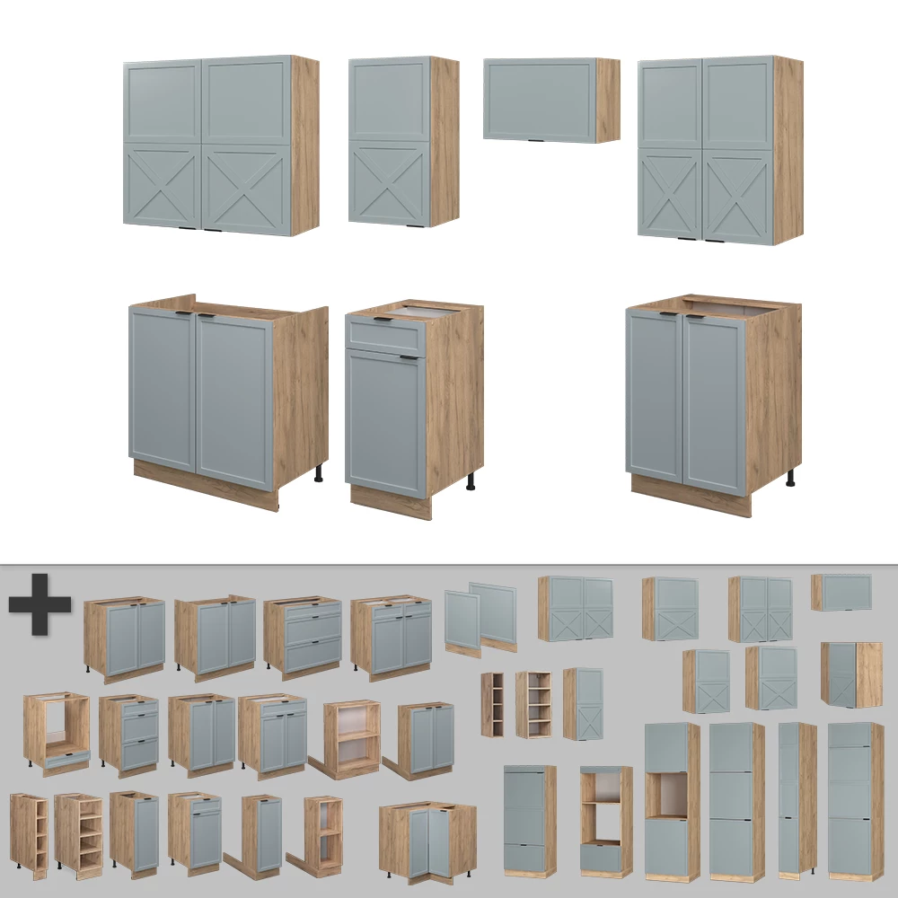 Gros plan de Cuisine en Bleu clair-gris/chêne force d'or, montrant le design et les détails de surface